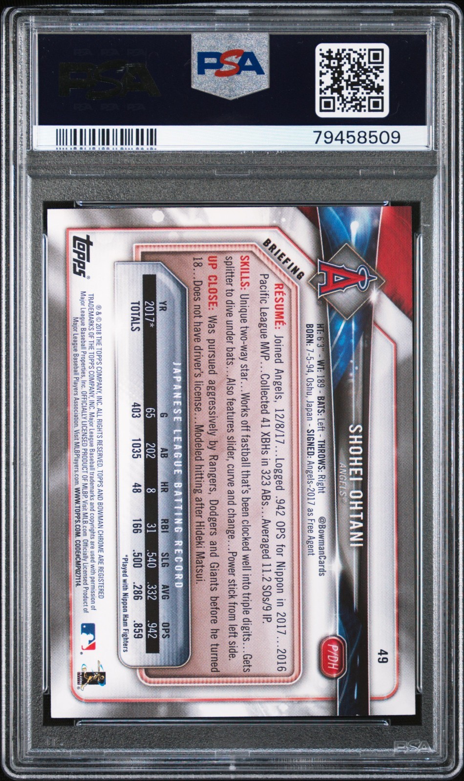 SHOHEI OHTANI 2018 Bowman ROOKIE RC #49 PSA 9 MINT ANGELS DODGERS (4 FOR SALE) view 2