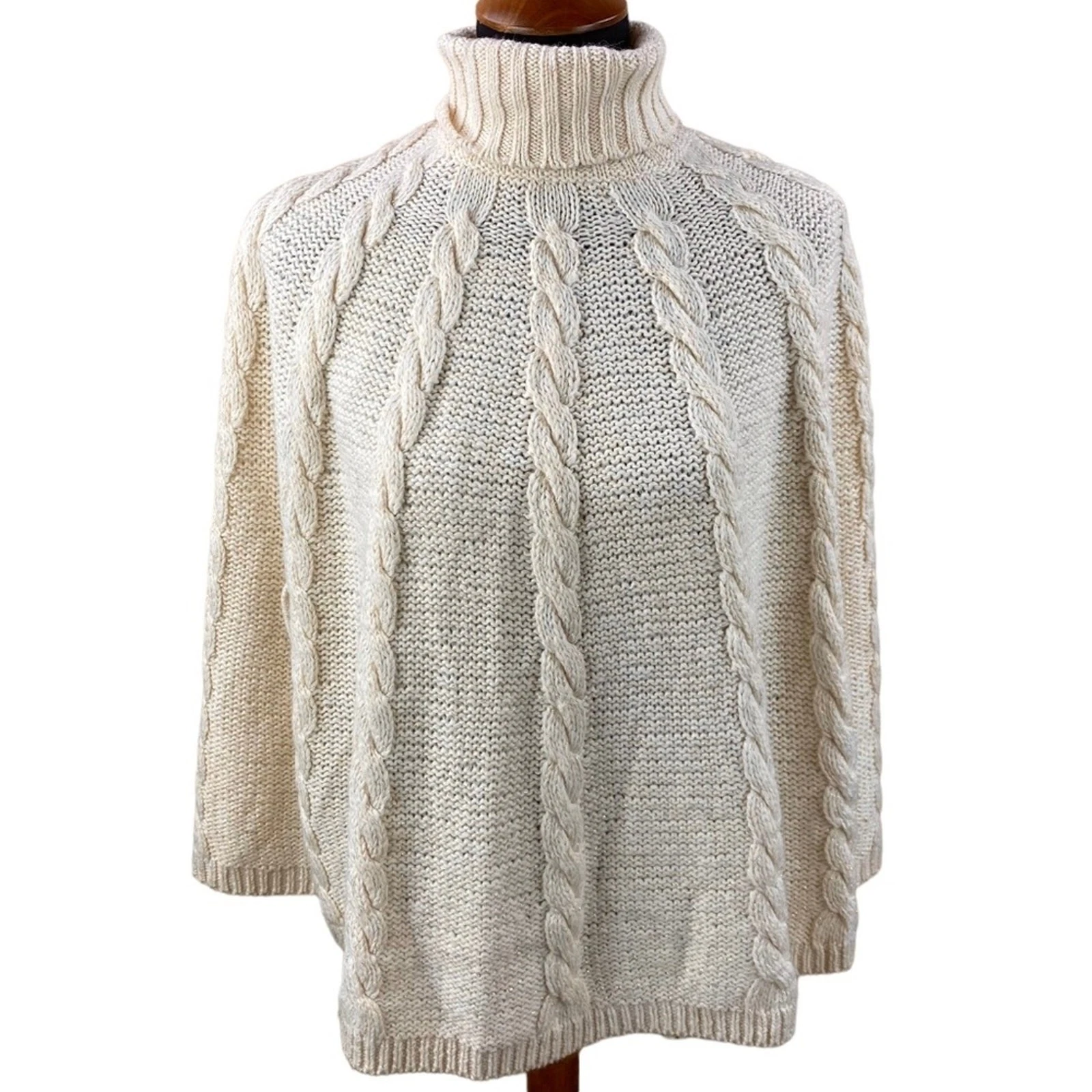 Cable knit Poncho Size L/XL New With Tags Cream Gold Turtleneck Sweater