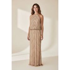 Adrianna Papell Women Beige Beaded Blouson Bodice Gown 10P Chiffon Wedding Prom