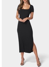 Elie Tahari Square Neck Maxi Ribbed Knit Black Dress. Size L. MSRP $145 