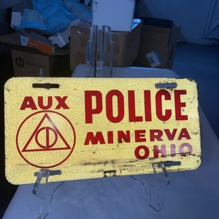 1950’s Minerva Ohio Oh Porcelain Civil Defense Aux Police License Plate Topper