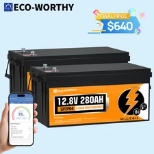 ECO-WORTHY 12V 280Ah 2Pack 7kWh LiFePO4 Lithium Battery Bluetooth For Home Rv