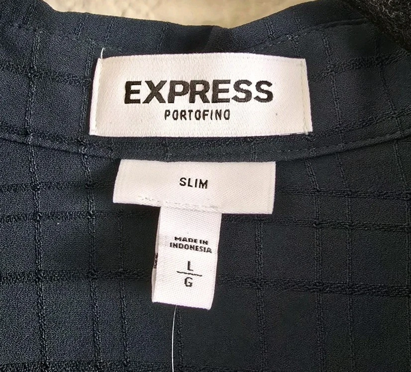 EXPRESS Portofino Sz L Blouse Texture Shirt Convertible Sleeve Dark Green Office - Image 2 of 4