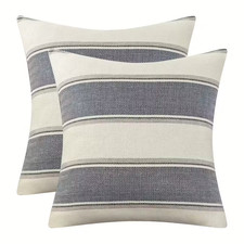 2 PC SET Beige Charcoal Black Striped Linen Pillow Covers 18"x18" Home Decor