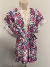 Vintage Satiny Silky Private Moments Hot Pink Floral Robe Nightgown Belted USA M