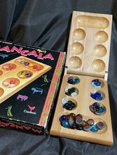 Vintage MANCALA Solid Wood Board Game Cardinal Gemstone Marble Playing Pieces