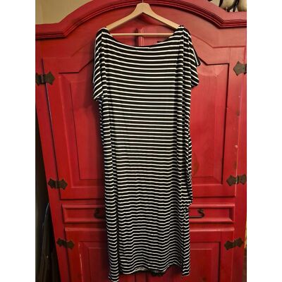NWT XXL ZanZea Dress Black White Stripe Midi Long Side Slit Slinky Soft PLus NEW