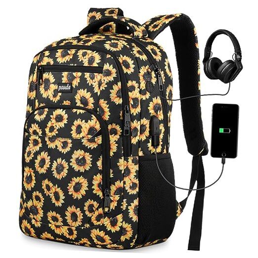 Cute Sunflower Backpack with USB Port for 15.6 Inch Laptop - Casual Bookbag Printing  -image