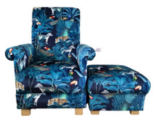 Tropical Jungle Velvet Fabric Adult Chair & Footstool Animals Armchair Blue Teal