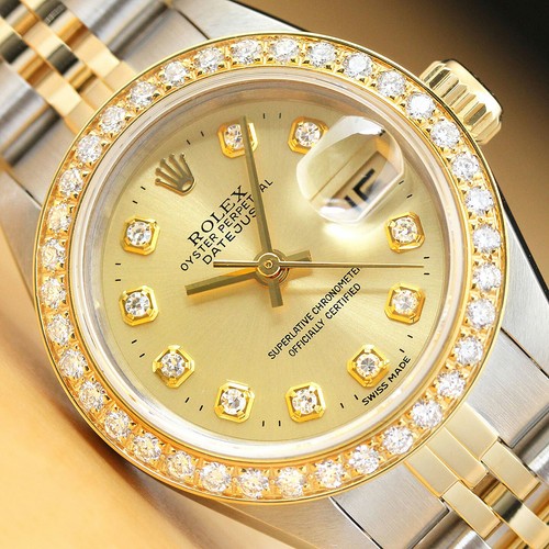 LADIES ROLEX DATEJUST CHAMPAGNE DIAMOND 18K YELLOW GOLD/STAINLESS STEEL WATCH - Picture 1 of 7