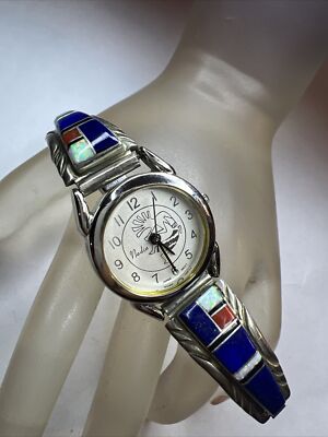 Silver watch. And with stone inlay Zuni Made Multi Stone & Sterling Silver Inlay Adjustable  main image 2