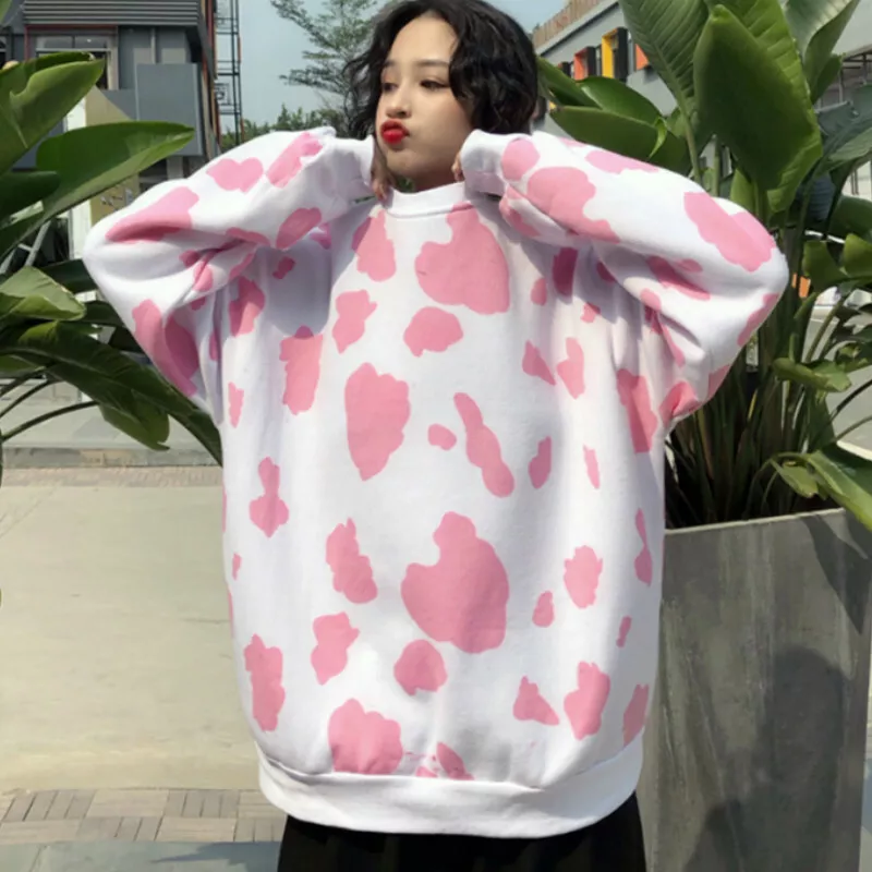 Lady T Shirts Pullover Tops Loose Pink Cow Graphic Sweatshirt Cute