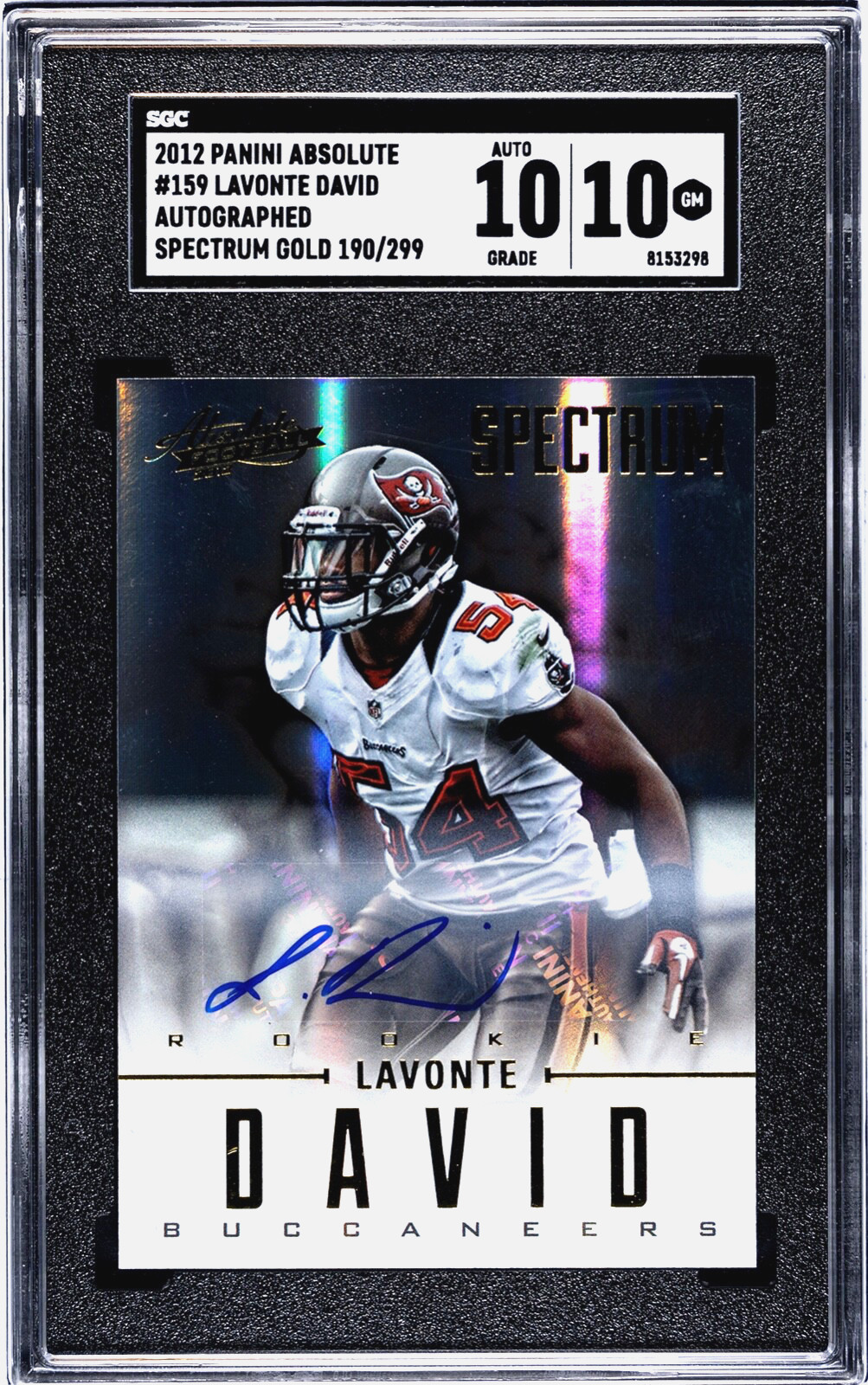 2012 PANINI ABSOLUTE LAVONTE DAVID, ROOKIE, #159, GOLD SPECTRUM, AUTO, #190/299