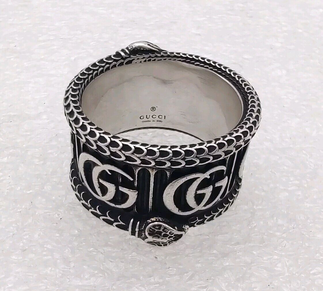 Gucci Sterling Silver Marmont Aged Double G Snake Ring Wide Gucci Sterling Silver Marmont Aged Double G Snake Ring Wide