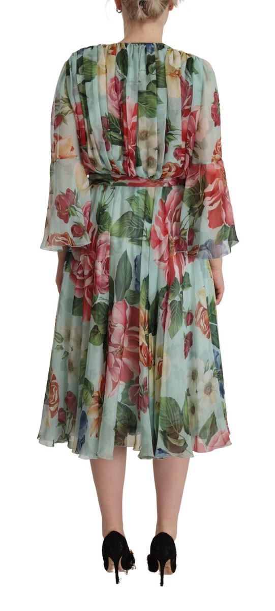 Dolce & Gabbana Elegant Floral Green Midi Silk Dress IT40|S