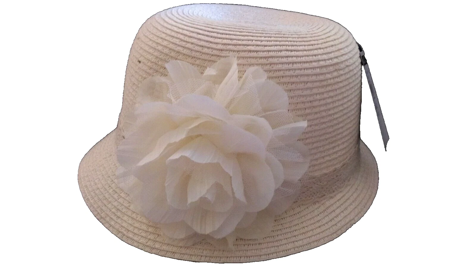 Wilsons Leather Black Rivet Bucket Sun Hat Packable Ivory Flower Faux Straw OS