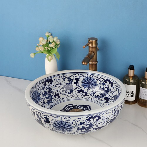 18"Round Ceramic Bathroom Sink Flower Vanity Basin Mixer Antique Brass Drain Tap - Picture 4 of 11