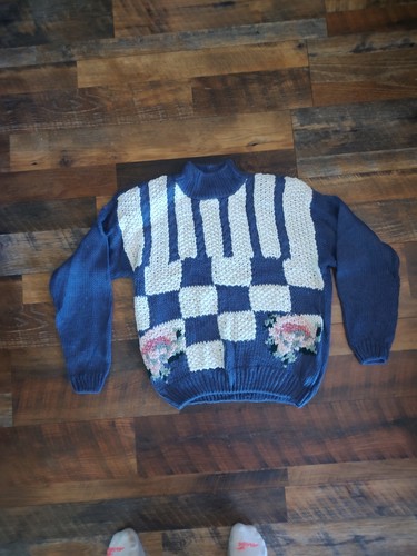 Vintage 90s Cottage Core Rose Floral Knit Jamie Scott Sweater Size L Blue