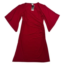 NWT MSK Red Cross Front Ruched Side Flare Sleeve Dress Knee Length V-Neck Sz M