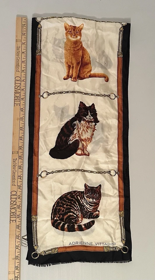 Adrienne Vittadini 围巾女式长丝绸猫印花日本制造罕见复古 — 第 2/4 张图片