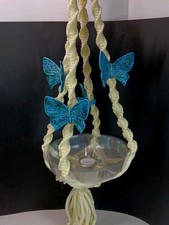 Vtg 70s Macrame 30" Plant Hanger Holder W/ Ceramic Butterflys-Good Cond.