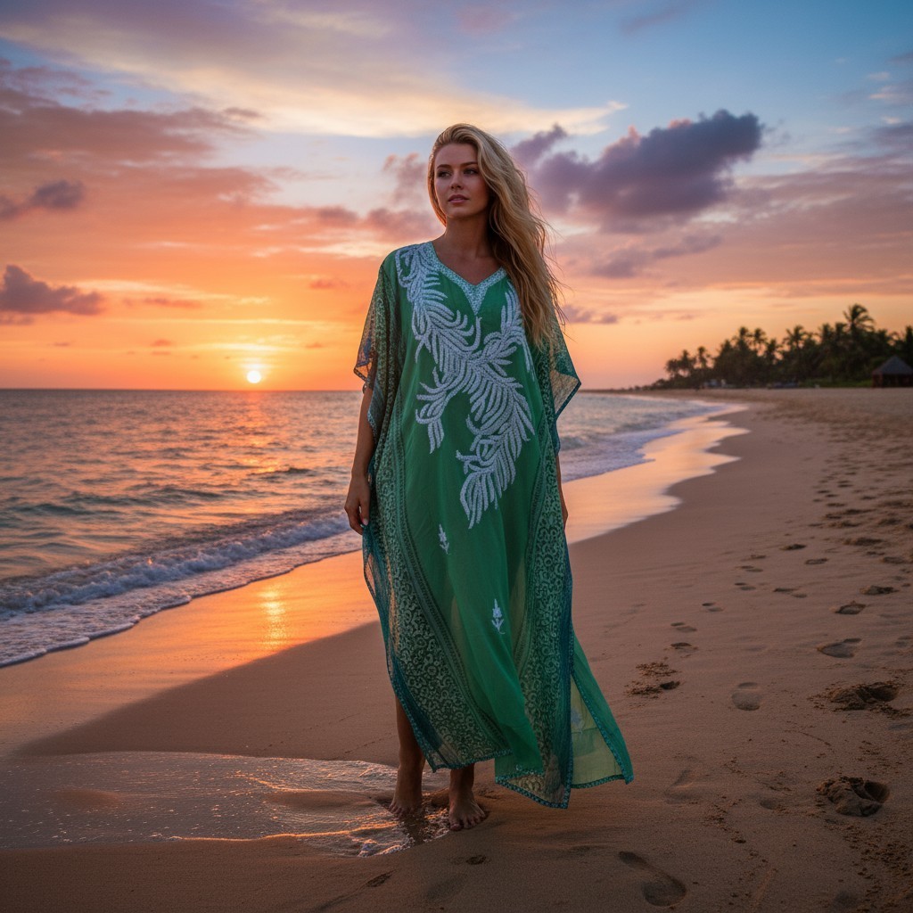 Women Sea Green Sheer Embroidered Kaftan Elegant Maxi Dress &Amp; Gift Idea One Size