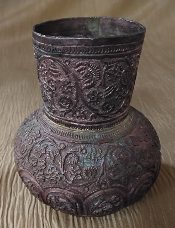 Late 19th Century Antique Hand-Embossed Tinned-Copper Middle Eastern Small Vase