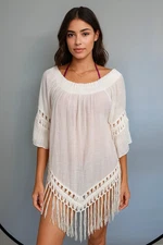 NWOT India Boutique White Boho Fringe Tunic Top Peasant Blouse M/L Cotton Blend