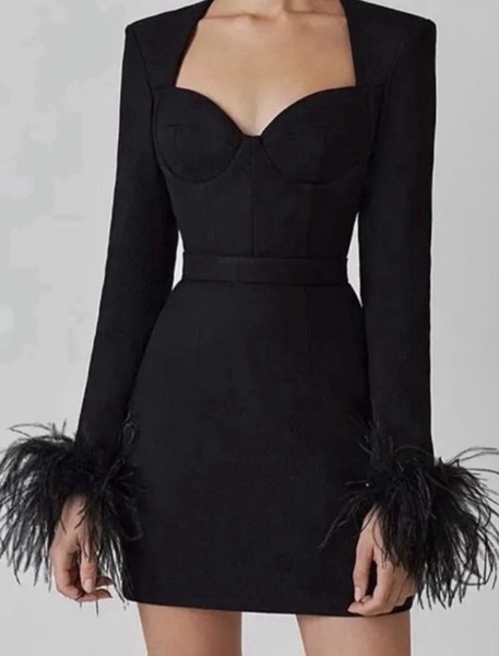 Mini Vestido de Cóctel Catchall Vendaje Talla L Negro Manga Pluma Borde Fiesta Nuevo con Etiquetas