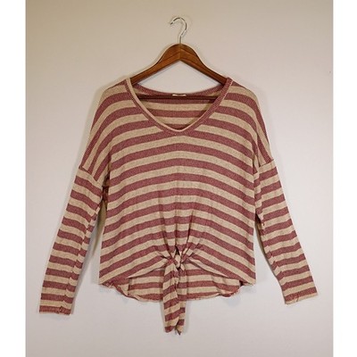 Boho Altar'd State Women Small Red Cream Striped Tie Front Elbow Patch Top