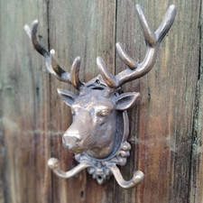 Stag Head Wall Hook Bronze Antler Cast Iron 2 Hooks Storage Coat Key Lead Hanger