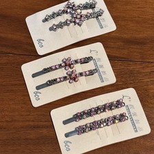 Rhinestone Crystal AB Pink Pins Barrette Hair Clips Brown 3 Sets Fairy Vtg Look