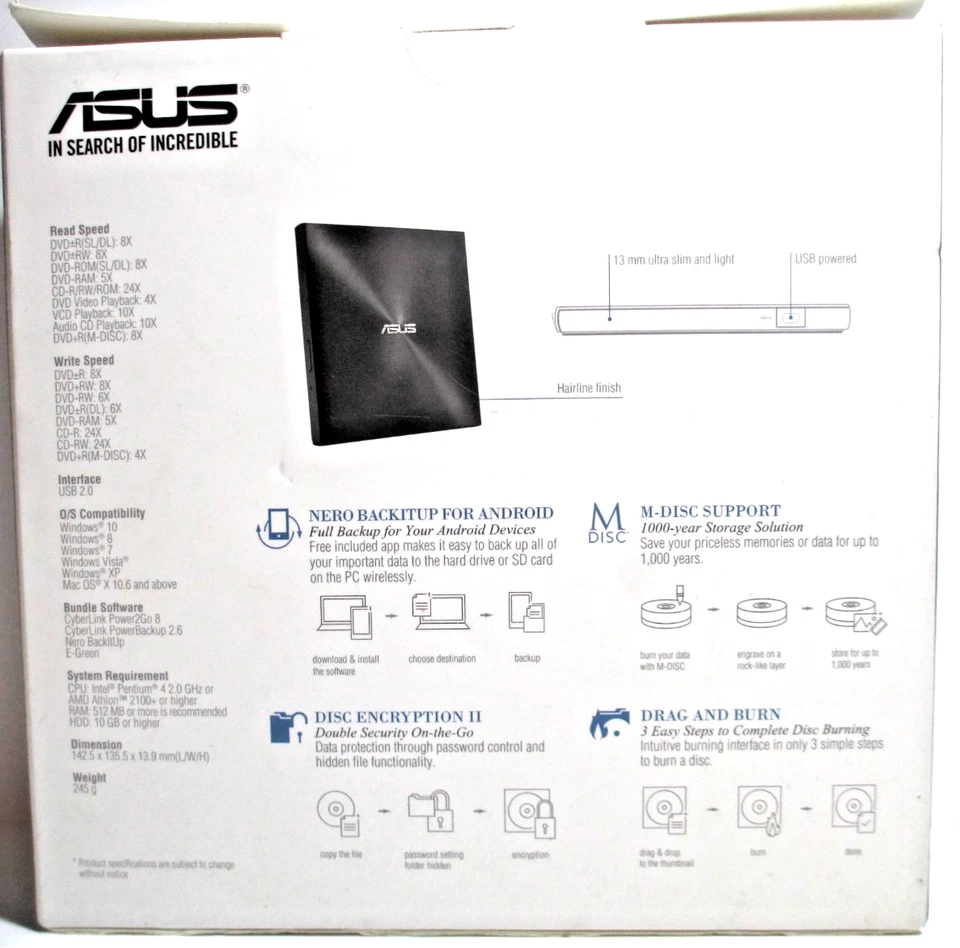 Grabadora de DVD externa ultra delgada y ligera Asus ZenDrive 8X 13 mm SDRW-08U7M-U Foto 2 de 4
