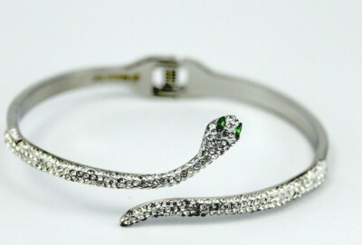 Women's bangle cuff snake eye studded CZ silver stainless steel + box included