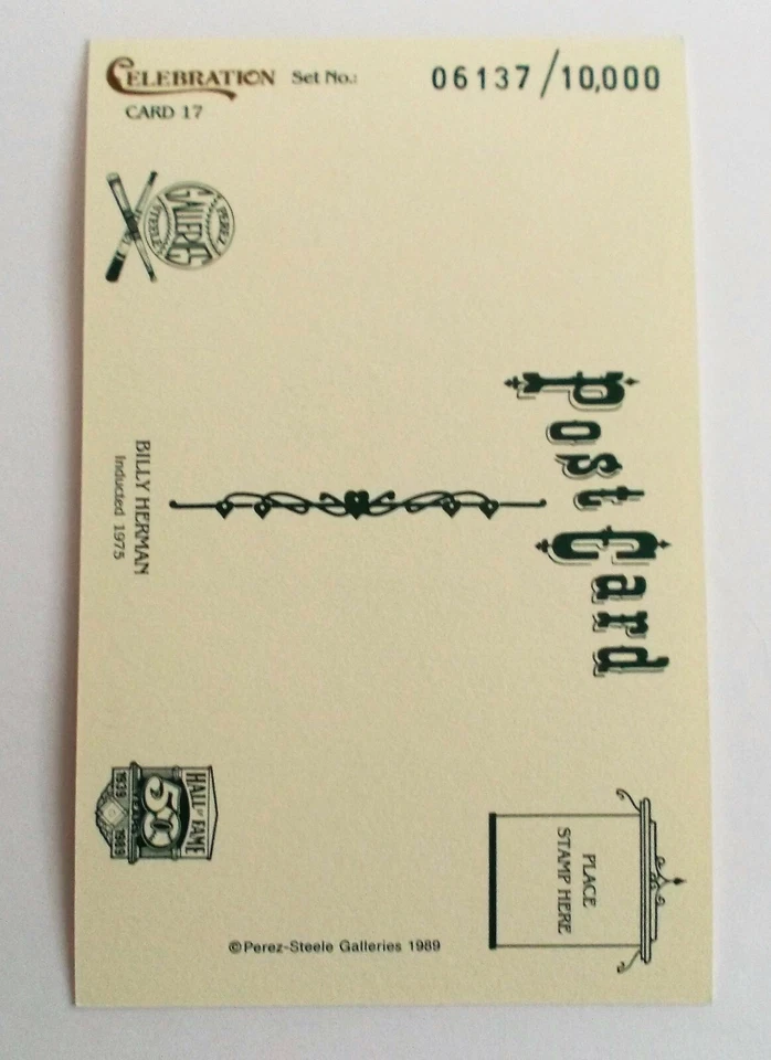 BILLY HERMAN Signed Limited Postcard 1989 Perez Steele Celebration #17 HOF - Image 4 of 4