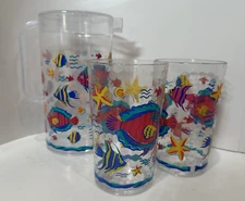 Plastic Pitcher Lidded 2 Tumblers Cups Beach Ocean Theme Seashells 1/2 Gallon Pi