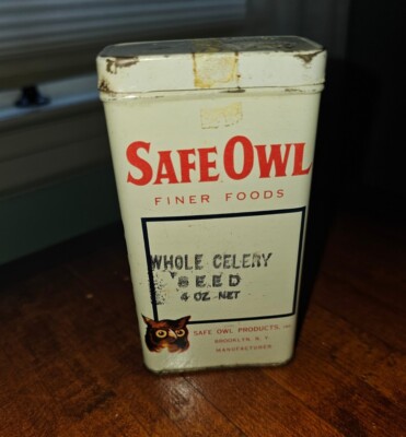 Safe Owl Products Celery Seed Advertising Metal Tin 4oz Brooklyn NY Vintage 