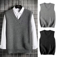 Mens Knitted Sweater Vest Sleeveless V-Neck Pullover Winter Casual Loose Tops