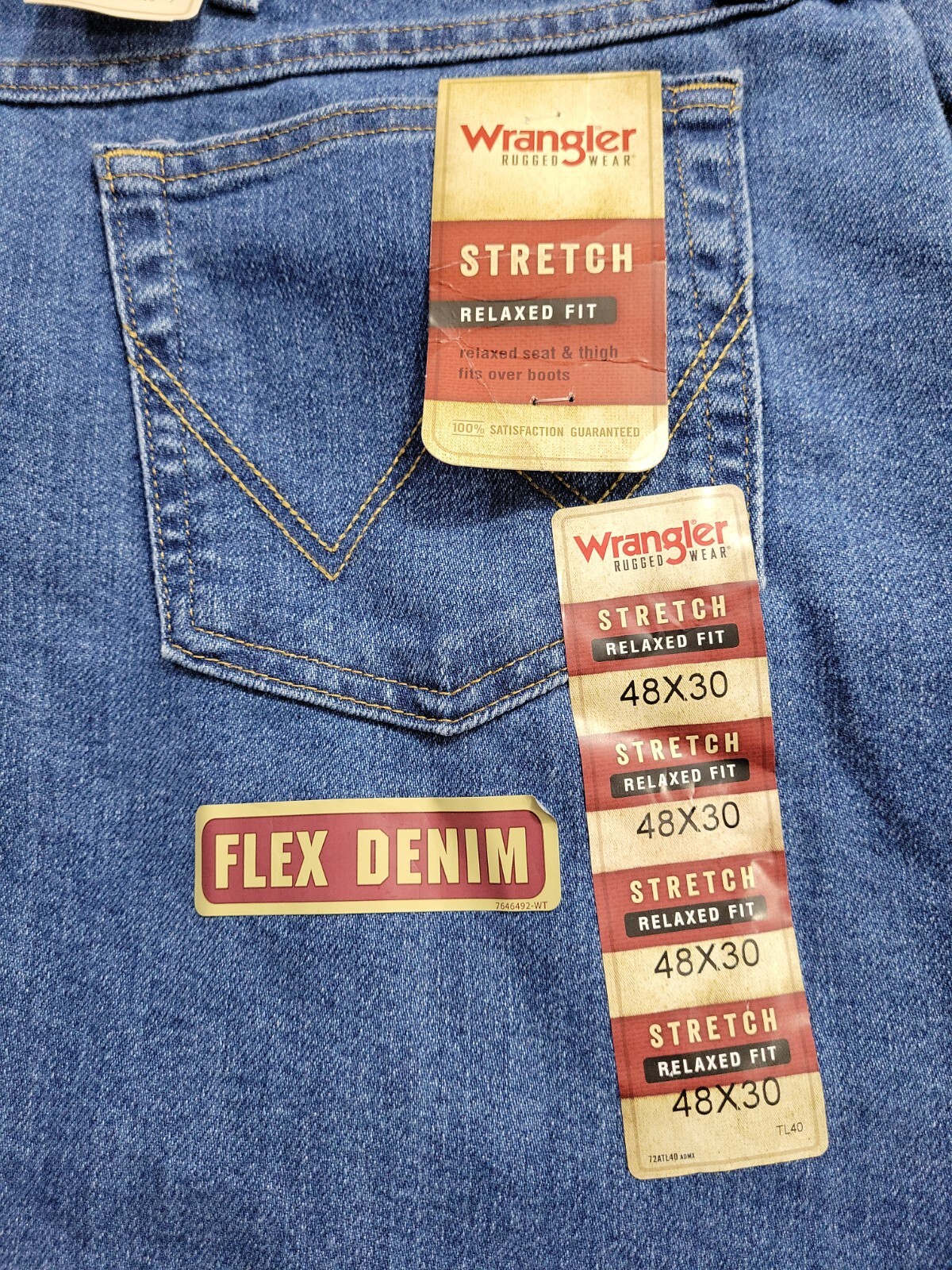 New Wrangler 48x30 Denim Blue Jeans Men's Zip Fly Stretch Relaxed Fit