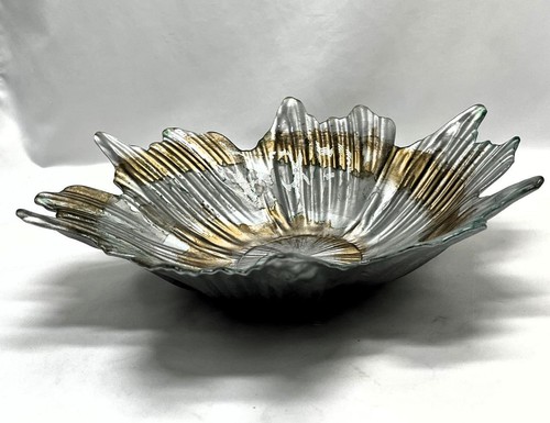 Flower Shaped Art Glass Center Piece Bowl Dish Silver Gold Green #1 - Picture 2 of 5