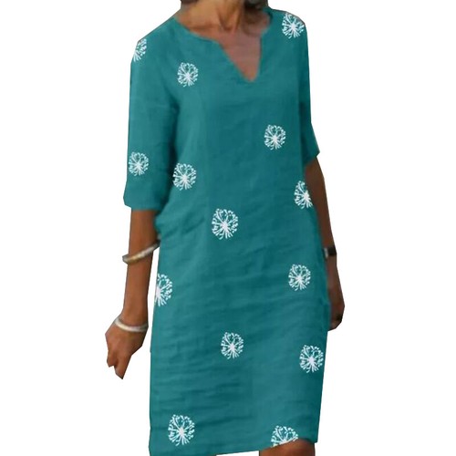 Womens V Neck Cotton Linen Dress Ladies Holiday Casual Print Dresses Plus Size - Picture 9 of 19