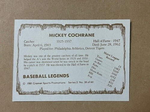 Mickey Cochrane ~ Vintage 1980 Cramer Sports Promotions "Baseball Legends: #38 - Picture 2 of 2