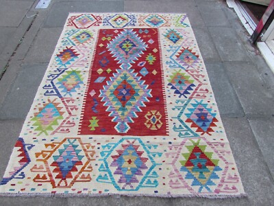 Kilim Vintage traditionelle handgefertigte orientalische weiße rote Wolle Kilim 197x137 cm