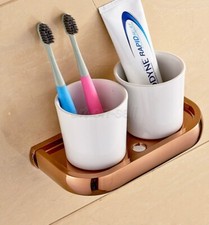Rose Gold Brass Wall Mount Bathroom Toothbrush Holder w/ Two Ceramic Cup aba870