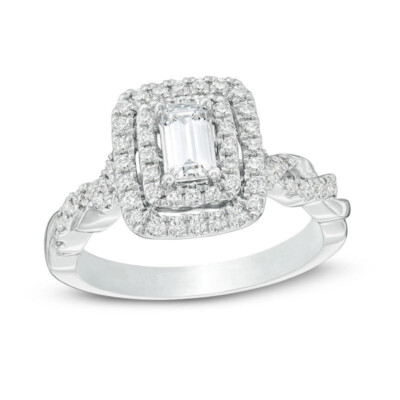 Love Collection 1.1Ct Emerald Cut CZ Double Halo Wedding Bridal Ring 925 Silver