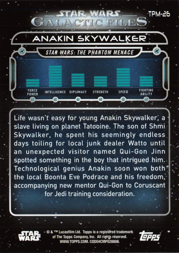 ANAKIN SKYWALKER / Star Wars Galactic Files (2018) BASE Trading Card TPM-26 - Image 2 of 2