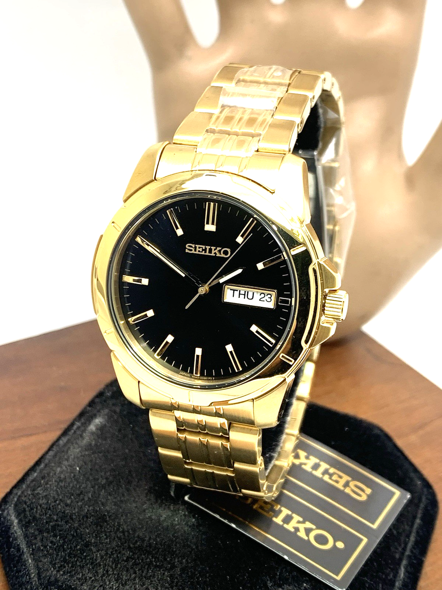Seiko Men's Watch SUR358 Quartz Gold Stainless Steel Black Dial