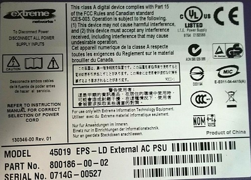 Extreme Networks 45019 EPS-LD External AC Power Supply; Part #800186-00-02 - Picture 2 of 8