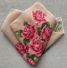 Vintage Light Brown w/ Pink Roses Handkerchief / Pocket Square Hand Rolled 15"