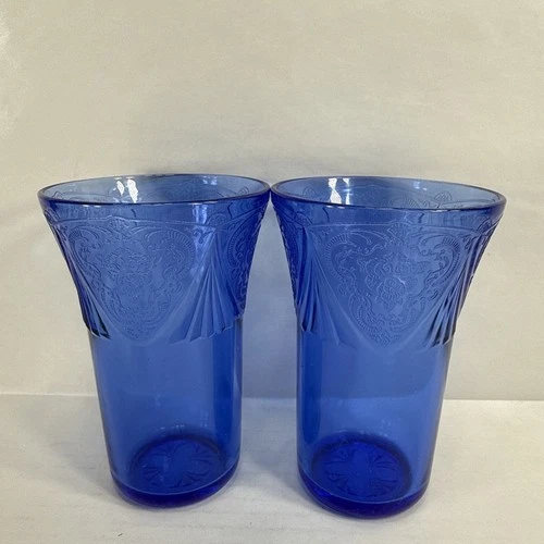 Set of 2 Hazel-Atlas Depression Glass Royal Lace Cobalt Blue 9 oz. Flat Tumblers